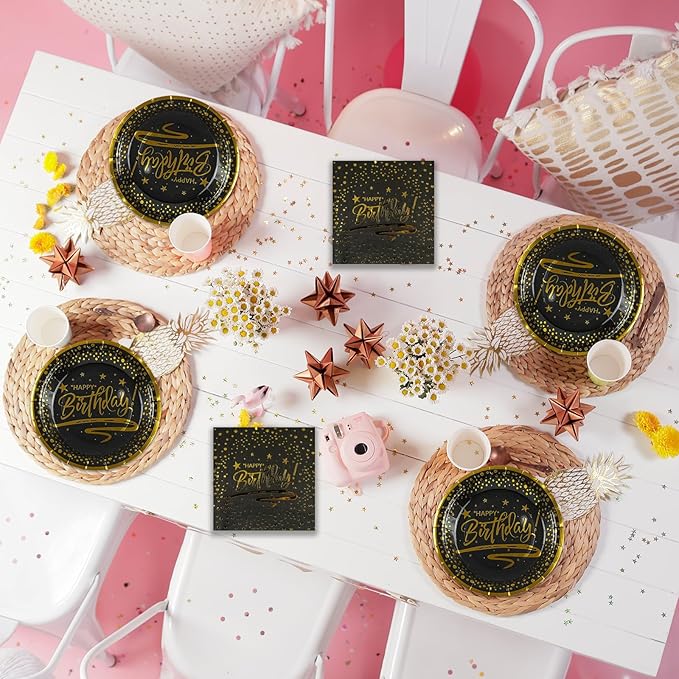 72PCS Happy Birthday Plates and Napkins Party Supplies, Black Gold Dot Paper Plates and Napkins with Forks Disposable Tableware Set for Birthday Party Decorations, Serves 24