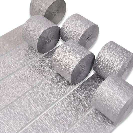 PartyWoo Silver Crepe Paper Streamers 6 Rolls 492 ft Pack of Crepe Paper Rolls for Graduation Wedding Baby Shower Gender Reveal New Year Anniversary Birthday Party Decorations (1.8 Inch x 82 Ft/Rolls)