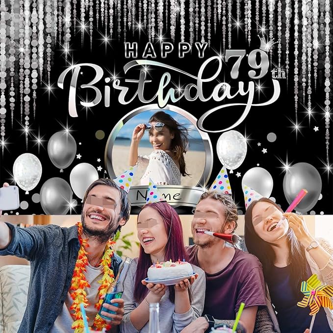 Dicodes Custom Happy Birthday Decoration Banner - Personalization Available - Black and Silver - Large Size - Supports Custom Photos and Names