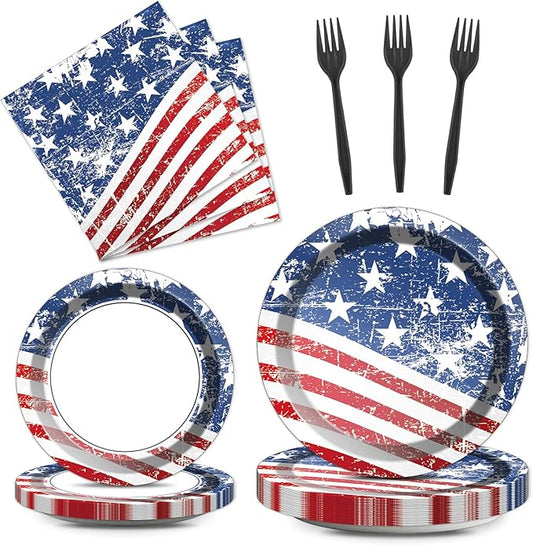 Qyeahkj 100 Pcs 4th of July Party Plates and Napkins Tableware Set American Flag Birthday Party Dinnerware Supplies Patriotic Favors Independence Memorial Day Decorations for Serve 25