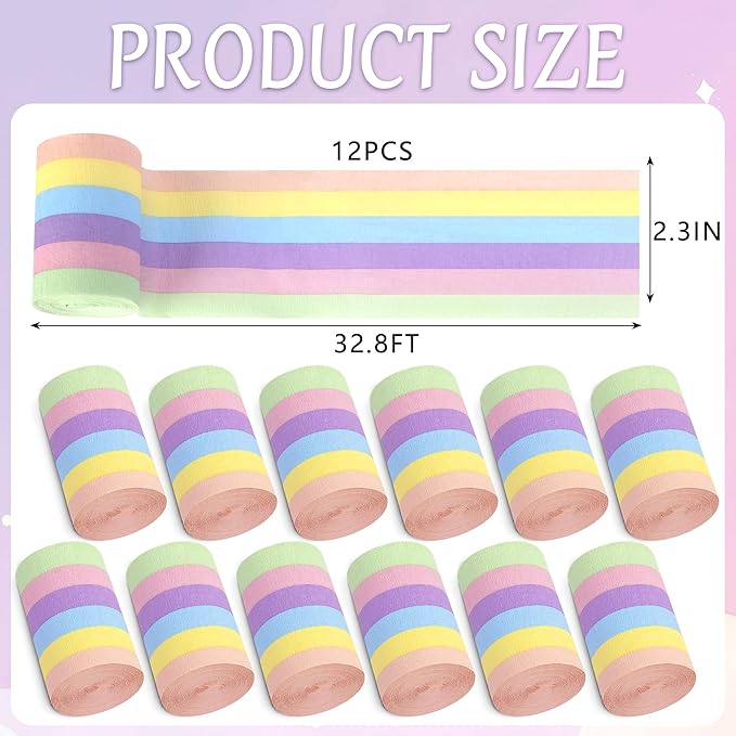 Tlswshsy 12 Rolls Pastel Crepe Paper Streamers, 6 Colors Easter Paper Streamer Decoration, 393 ft Red Macaron Crepe Streamer Rolls for Wedding Birthday Baby Shower Party Decor DIY Crafts