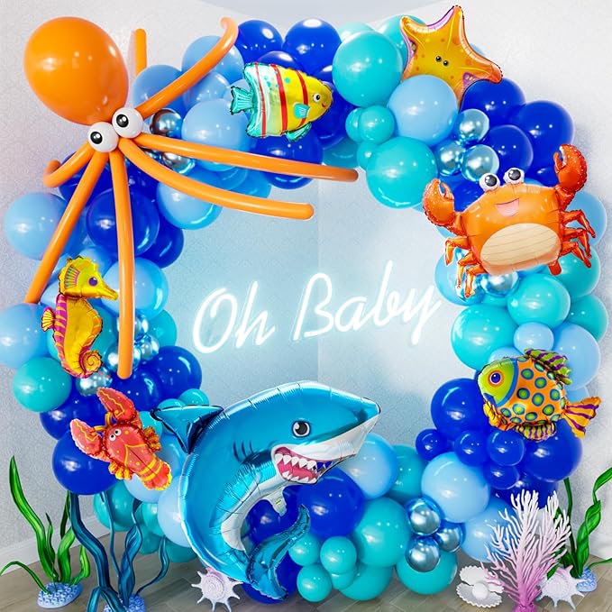 Under The Sea Balloon Arch Garland Kit, 154Pcs Ocean Themed Party Decorations with Blue Balloons, Marine Animals Foil Balloons for Ocean Theme Birthday Baby Shower Wedding Party Supplies