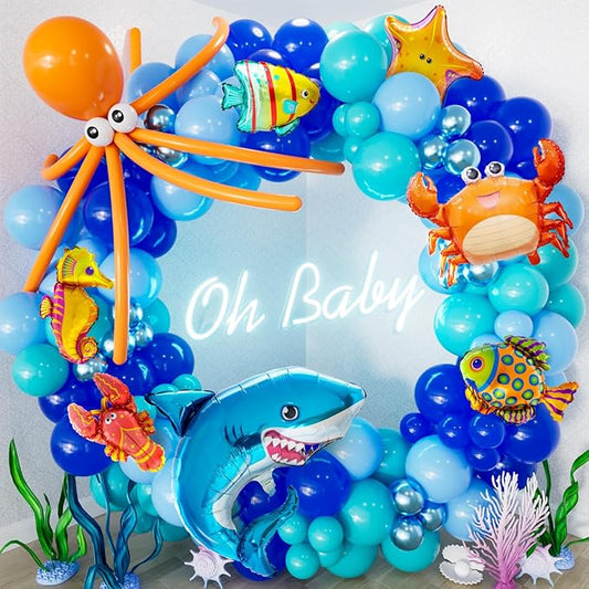 Under The Sea Balloon Arch Garland Kit, 154Pcs Ocean Themed Party Decorations with Blue Balloons, Marine Animals Foil Balloons for Ocean Theme Birthday Baby Shower Wedding Party Supplies