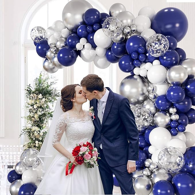 147pcs Navy Blue and Silver Balloon Garland Arch Kit, 18 12 10 5 inch Royal Blue Metallic Silver White Balloons for Birthday Baby Shower Bachelorette Wedding Graduation Party Decorations