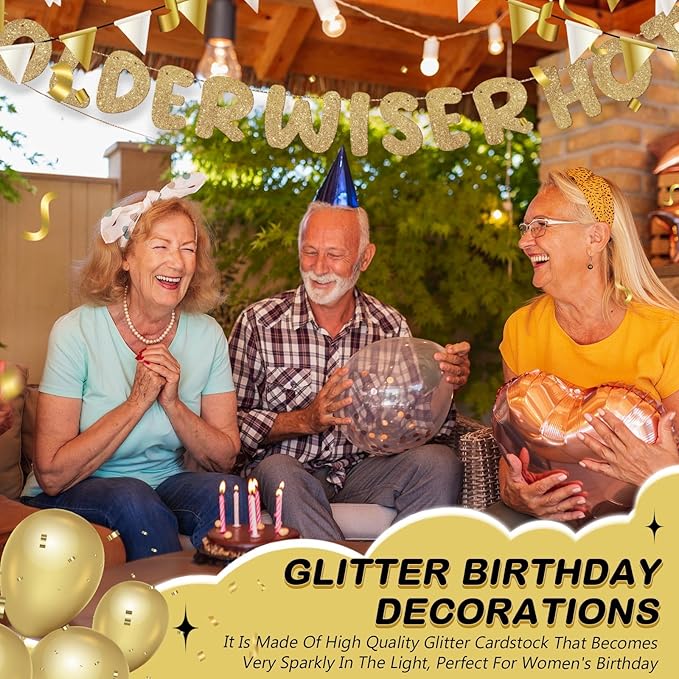 Fulmoon Set of 3 Pre Strung Older Wiser Hotter Glitter Banner Funny Birthday Banner for Women 30th 40th 50th 60th 70th 80th Birthday Party Decorations Sign Gift(Champaign Gold)