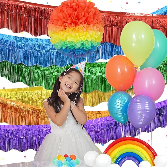LOLStar Rainbow Foil Fringe Garland Pride Decorations, 6 Pack 59Ft Rainbow Tinsel Metallic Glitter Banner, Hanging Tinsel Fringe Banners for Birthday Pride Month Parade Floats Wedding Decor