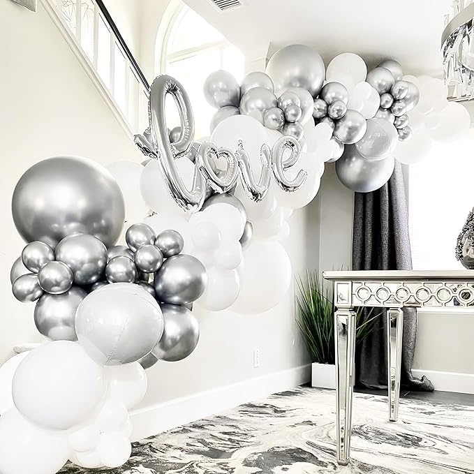 Voircoloria 130pcs Metallic Silver Balloons Different Sizes 18" 12" 10" 5" Chrome Silver Balloon Garland Arch Kit for Graduation Birthday Baby Shower Wedding Anniversary New Year Party Decorations