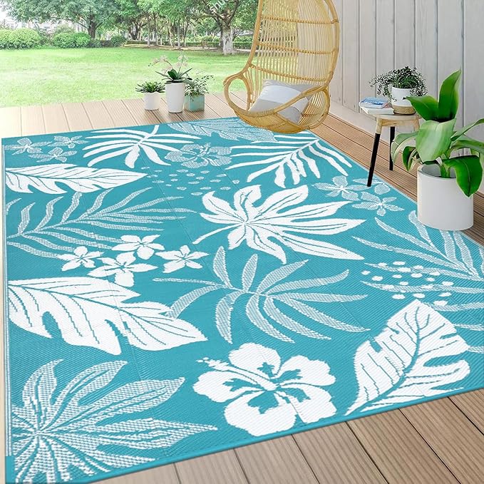 Pauwer Waterproof Outdoor Rug 6x9, Reversible Plastic Straw Patio Camping Rug, Indoor Outdoor RV Mat Carpet for Deck, Camper, Porch, Balcony, Backyard, Picnic, Floral Teal