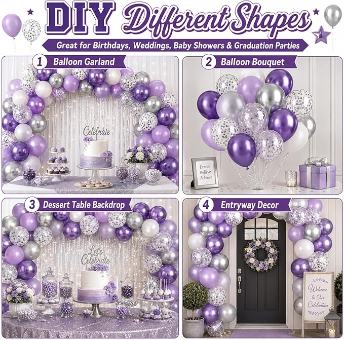 Purple and Silver Balloons 60PCS Pastel Purple Balloons, 12 Inch Metallic Silver Confetti and White Latex Balloon for Girls Women Birthday Wedding Baby Shower Bridal Shower Graduation Party Decor