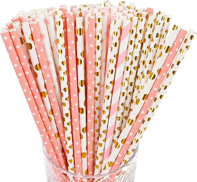 100 Pack Glitter Valentine's Day Paper Straws, Gold & Pink Disposable Drinking Straws for Valentine's Day,Christmas, Holiday Celebrations, Bridal Shower, Wedding Birthday Party Supplies