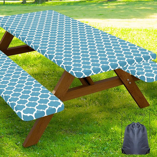 Smiry Picnic Table Cover with Bench Covers, Waterproof Elastic Fitted Tablecloth for 5 Foot Tables, Washable Polyester Tablecloths for Camping, Indoor & Outdoor (Light Blue, 30x60 Inch 3-pc Set)