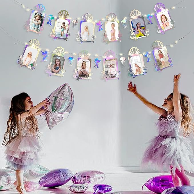 Iridescent Mermaid Photo Banner 4"x6" Jellyfish SeaShell Starfish Photograph Bunting with LED String Light for Little Mermaid Under The Sea Baby Kid Birthday Bachelorette Anniversary Party Decorations
