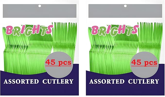 Heavy Duty Lime Green Plastic Cutlery Set – 90 Pieces Total (2 Packs of 45) – Includes 15 Forks, 15 Spoons, 15 Knives per Pack – Durable Party Utensils for Events, Catering, and Everyday Use