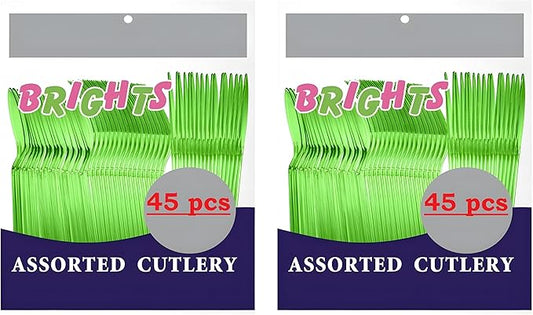 Heavy Duty Lime Green Plastic Cutlery Set – 90 Pieces Total (2 Packs of 45) – Includes 15 Forks, 15 Spoons, 15 Knives per Pack – Durable Party Utensils for Events, Catering, and Everyday Use