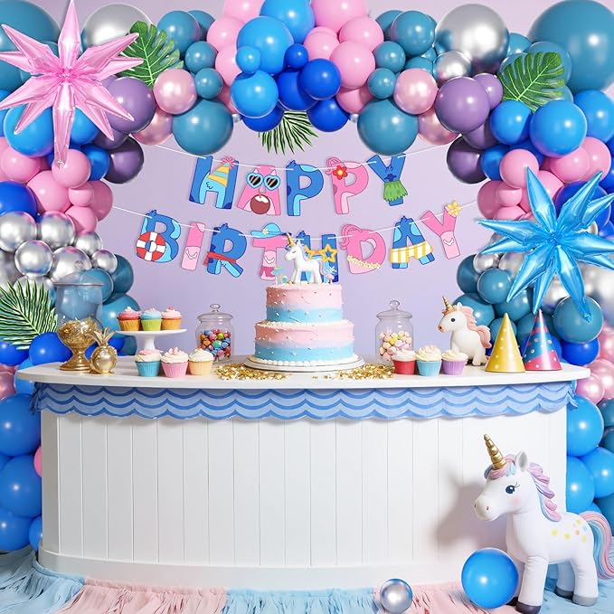 Ouddy Life 160Pcs Pink and Blue Balloons Arch Kit Purple Metallic Silver Star Foil Balloon Happy Birthday Banner Palm Leaves for Birthday Hawaii Tropical Summer Baby Shower Cartoon Party Decorations
