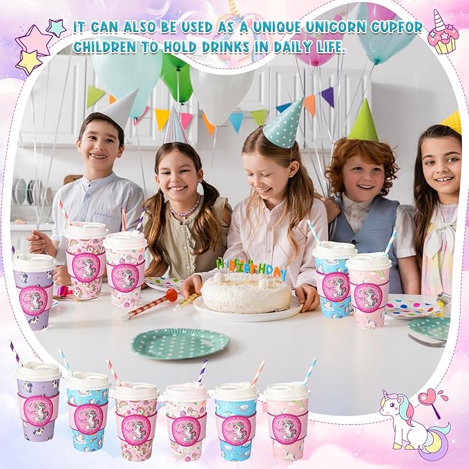 Jingmore 120 Sets 16oz Disposable Paper Coffee Cups with Lids Sleeves Straws Holiday Paper Drinking Cups Bulk for Hot Cold Beverages Home Business Cafe Birthday Party Supplies (Unicorn)