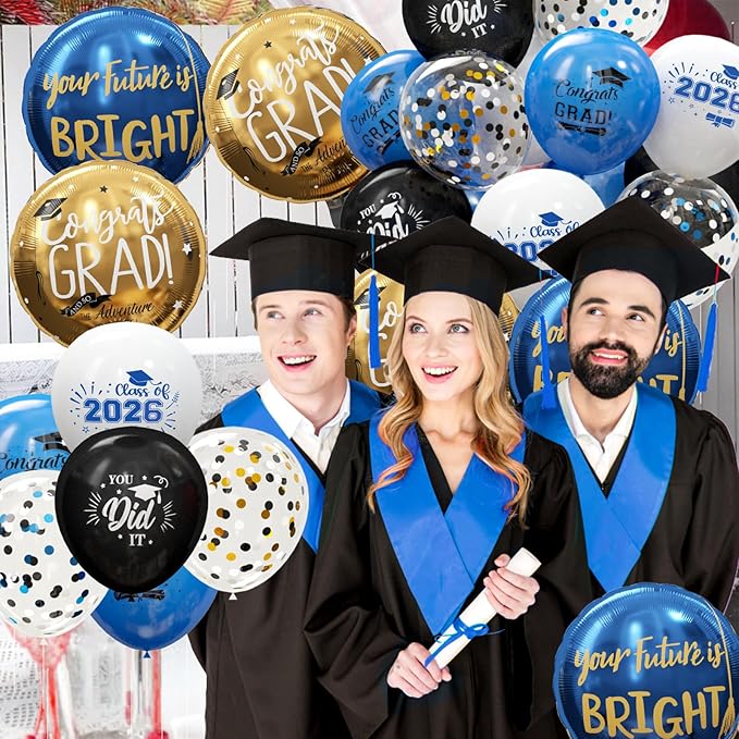 GuassLee Graduation Blue and Gold Balloons 2026 - Grad Latex Confetti Balloons with Congrats Grad Foil Balloons for Graduation Party Decorations Supplies, 60Pcs