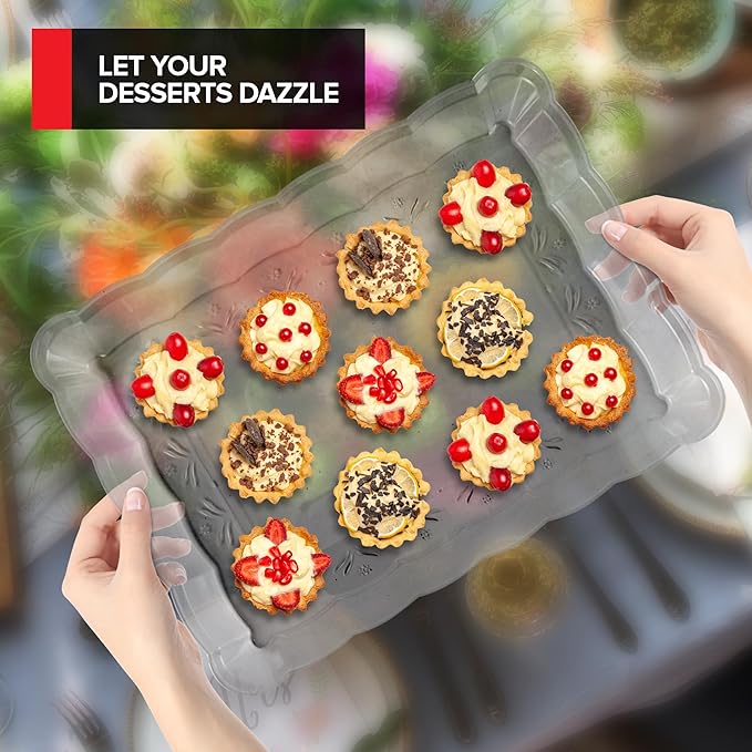 (24 Pcs) Clear Plastic Serving Tray 9x13, Large Plastic Serving Platter Disposable, Rectangle Party Trays and Platters for Fruit, Dessert, Cookies, Appetizers, Food, Entertaining, Holiday Parties