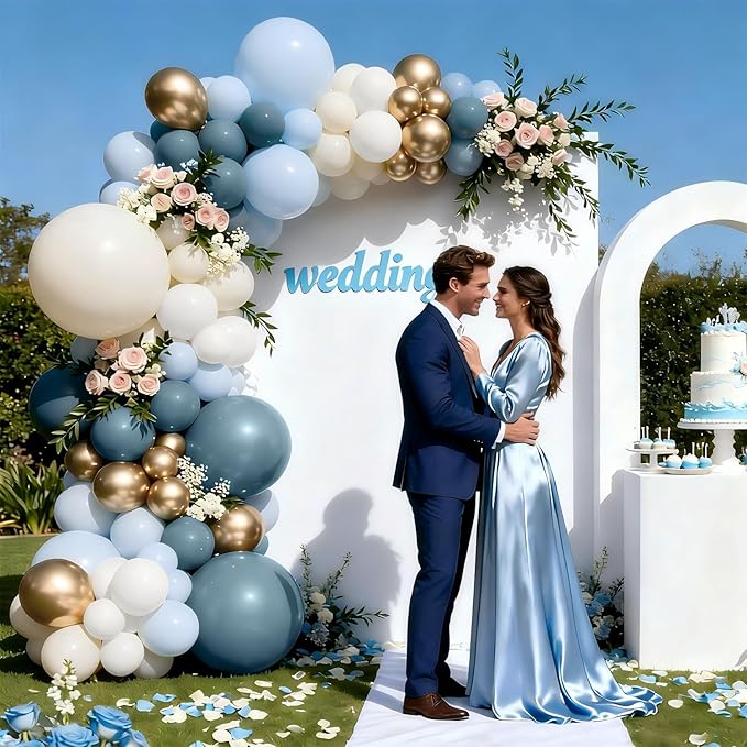 Dusty Blue White Gold Balloon Arch Kit, Blue and White Balloons with Light Dusty Blue White Beige Chrome Gold Balloons Garland Kit for Gender Reveal Bridal Shower Wedding Birthday Party Decorations