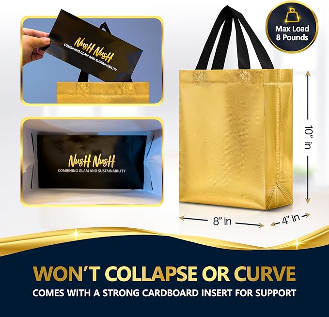 Nush Nush Set of 60 Shiny Gold Gift Bags Bulk - Medium Size Gold Reusable Gift Bags with Handles - For Christmas, Business, Bachelorette, Bridesmaids, Birthday Goodies and Party Favors - 8Wx4Dx10H