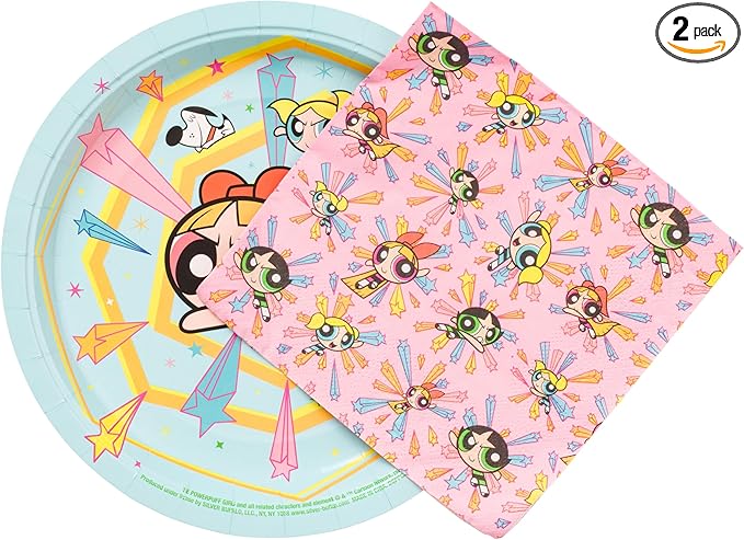 Silver Buffalo The Powerpuff Girls Featuring Blossom, Bubbles, and Buttercup 32 Pack Partyware Disposable Paper Plates and Napkins