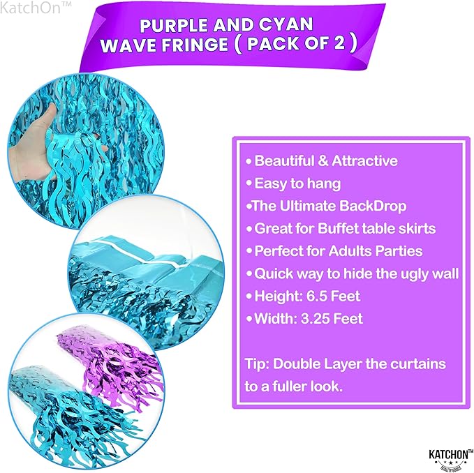 KatchOn, Large Wavy Purple and Blue Fringe Curtain - Pack of 2 | Mermaid Birthday Decorations, Beach Party Decoration | Purple and Blue Foil Fringe for Under The Sea Party Decorations
