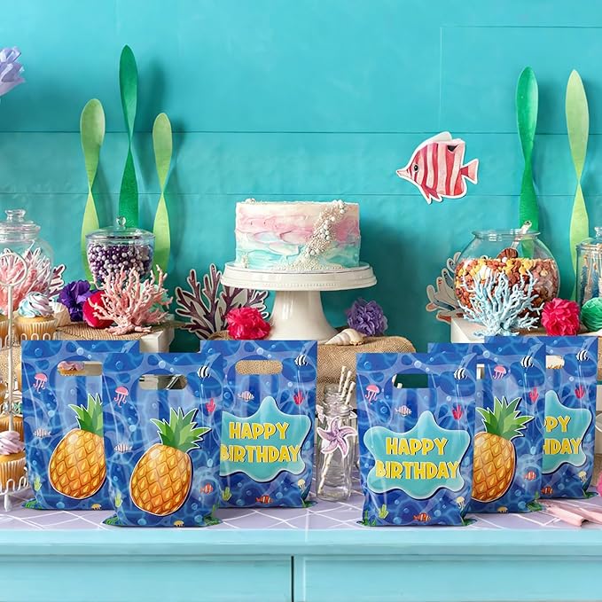 50 Pieces Pineapple Gift Bag Plastic Under The Sea Jellyfish Seaweed Bag Happy Birthday Party Gift Bags Party Favors for Kids Hawaii Theme Birthday Party Decoration Under The Sea Birthday Party Supplies