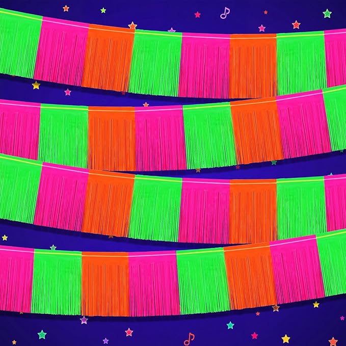 Mindsoft 4 Pack Glow in the Dark Party Supplies Foil Fringe Garland 9.8 Ft. Metallic Tinsel Banner Fluorescent Rose Red Orange Yellow Streamers for Birthday Party Decor Photo Booth Prop Table Skirt