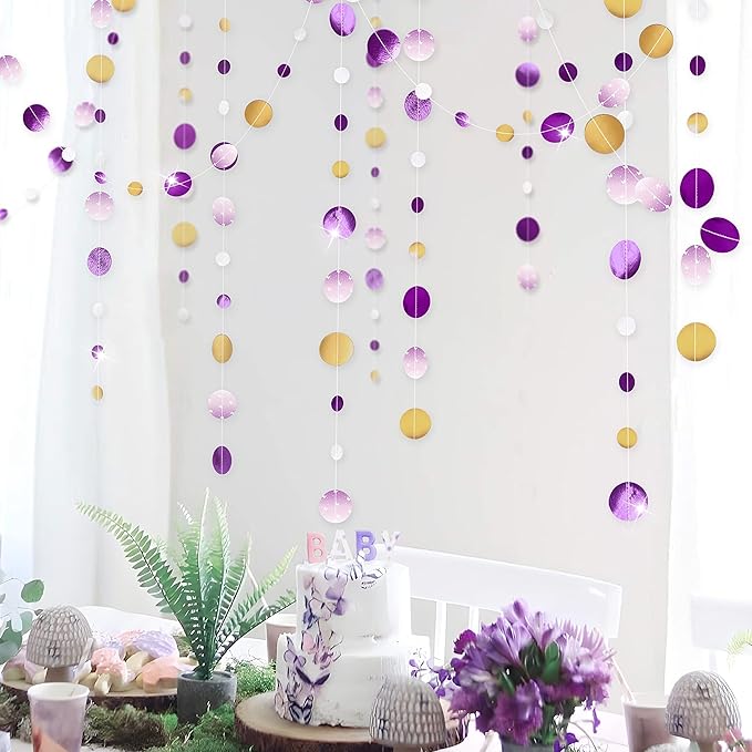 Cheerland Purple and Gold Party Decorations Rapunzel Birthday Decorations Lavender Fantasy Theme Circle Golden Garland Streamers Banner Pruple Backdrop Bday Hanging Party Decor Baby Shower Supplies
