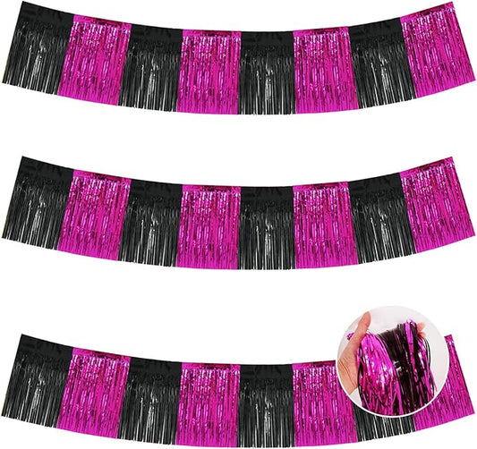 BEISHIDA 3 Packs Metallic Foil Fringe Garland Black Hot Pink Wall Hanging Tinsel Fringe Banners for Car Floats Bridal Shower Wedding Birthday Graduation Holiday Party Decoration(30 Feet)