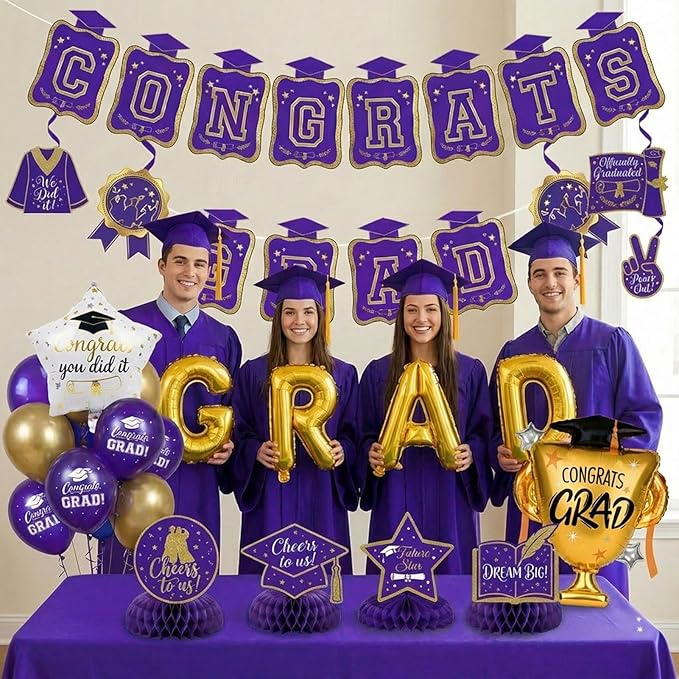 Purple Gold Balloon Garland Arch Kit with backdrop Stars Graduation Cap crown GRAD Letters Mylar Balloons for 2026 graduate Prom Decorations