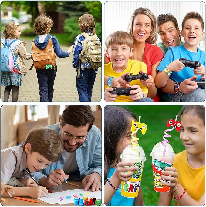 Lenwen 128 Pcs Video Game Party Favors Set Includes Reusable Gamer Drinking Straws Cups 3D Puffy Stickers Slap Bracelets Keychains Game Seals Gift Tags Stickers for Kids Gamer Birthday Party (Cool)