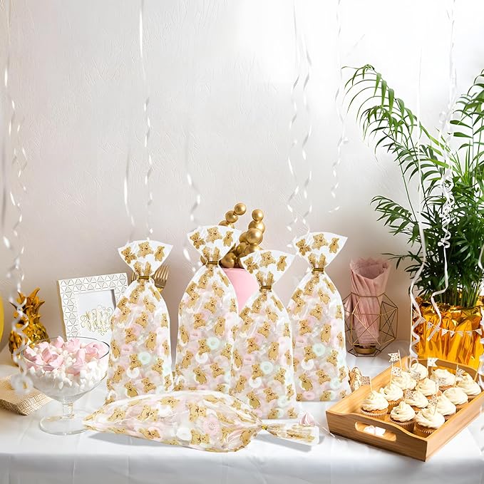 Docvania Clear Bear Cellophane Treat Bags Plastic Gift Bag 100 pcs 5 X 11 Clear Bear Cookie Bags with Ties Goodie Candy Bag Suitable for Mother's Day, Valentine's Day, and Holiday Parties