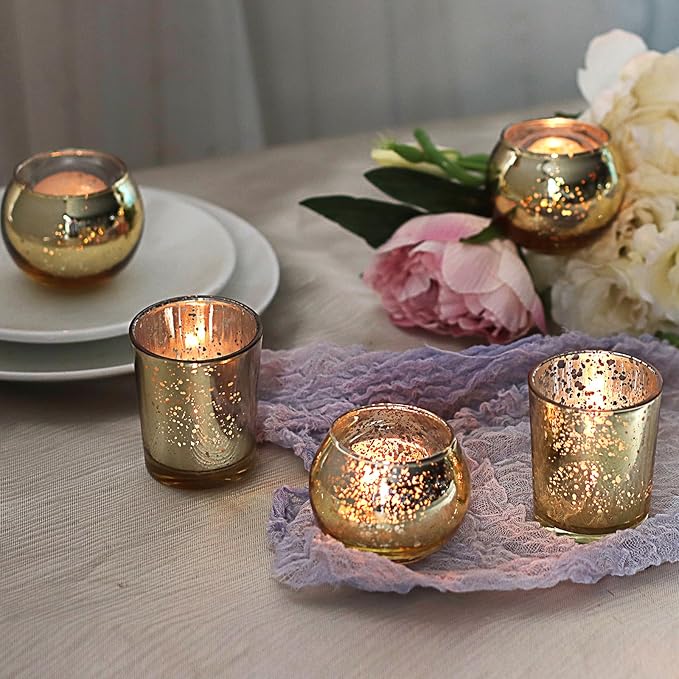 48pcs Assorted Gold Votive Candle Holders Bulk for Table Centerpieces,Mercury Glass Candle Holder for Tea Lights,Wedding Decorations, Christmas/Diwali Decorations for Home,Gold Party Supplies