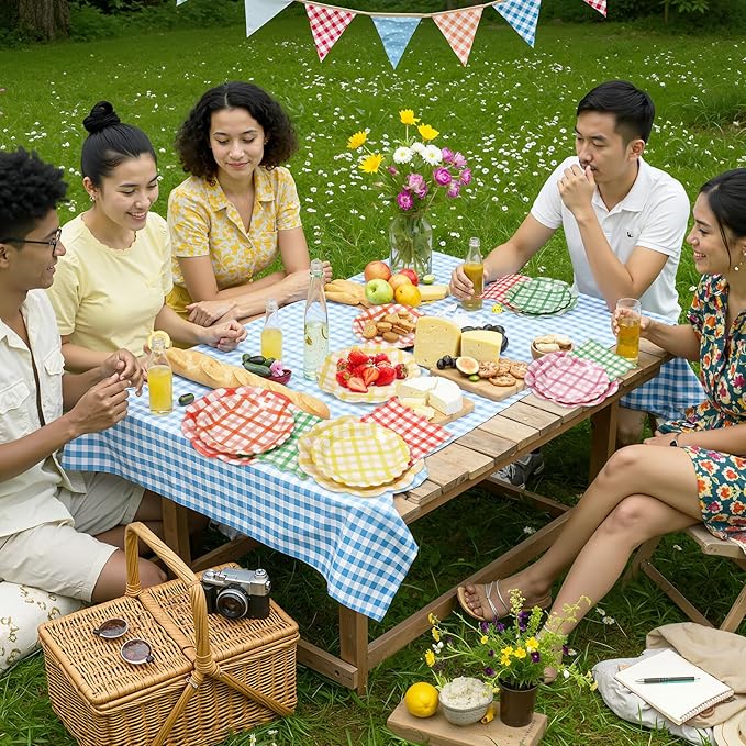 144 Pcs 48 Guests Gingham Party Plates and Napkins Colorful Gingham Paper Plates Napkins Checkered Plaid Disposable Tableware for Picnic BBQ Bachelorette Baby Bridal Shower Tea Party Supplies