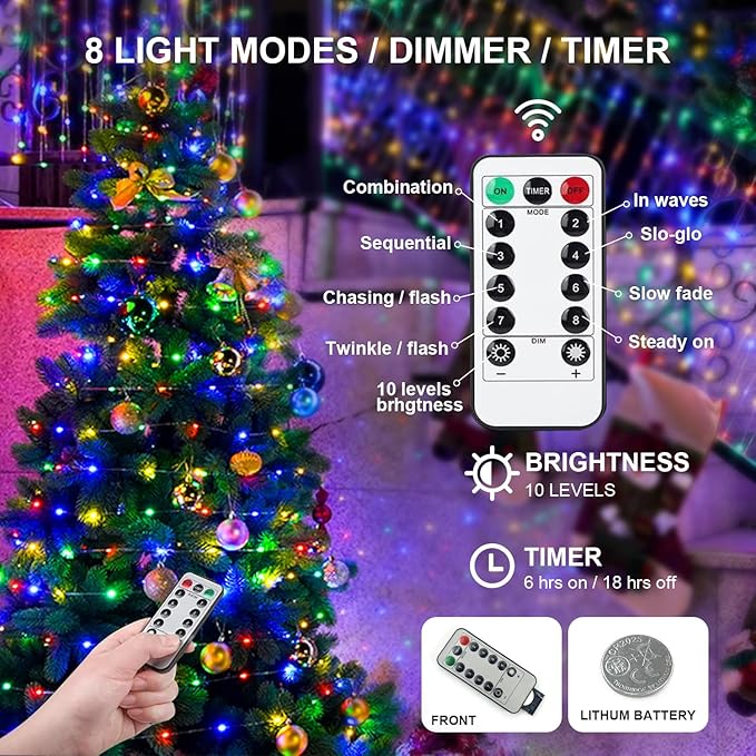 Aogist 50LED Fairy Lights 16ft Dual Power(USB/Battery) with Remote & Timer, 8 Modes Flexible Copper Wire Waterproof String Lights for Outdoor Christmas Wedding Bedroom Party Decor-1 Pack,Multicolor