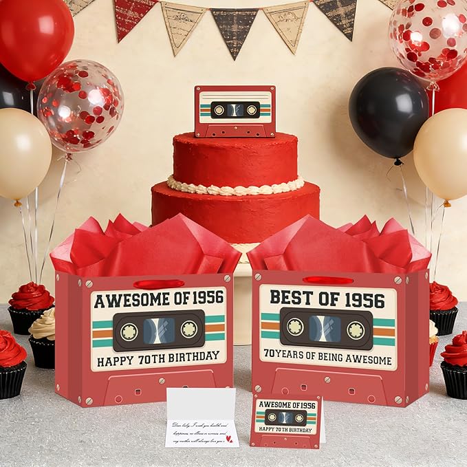 70th Birthday Gift Bag for Men Women Retro Tape 1956 Birthday Party Favor Bags with Tissue Paper and Greeting Card Vintage Cassette 70 Years Old Gift Wrapping Bag Decorations for Mom Dad Friends Gifts