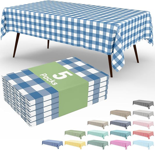 Smiry 5 Pack Aquamarine Gingham Disposable Tablecloths - 54" x 108" Heavy Duty Plastic Table Cloth, Waterproof Buffalo Plaid Table Covers for Picnic, Banquets, Parties