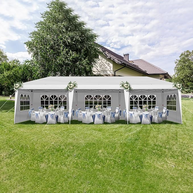VINGLI 10x30 Pop Up Canopy Tent with Sidewalls, Outdoor Gazebo Canopy Tent, Patio Event Tents Outdoor Event Shelter for Parties (White)