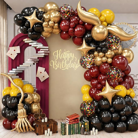 HILAVO Black Burgundy Gold Balloons Garland Kit Burgundy Maroon Black Metallic Confetti Balloon Arch with Gold Long Balloon Star Foil Balloons for Halloween Birthday Baby Shower Party Decor