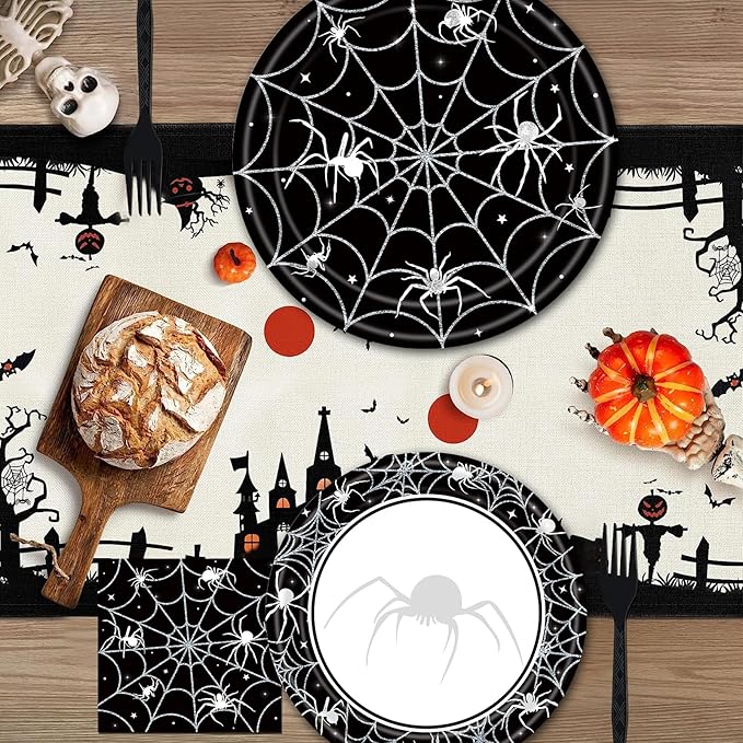 96 Pieces Halloween Tableware Set – Spider Web Themed Disposable Party Supplies with Paper Plates, Napkins, and Forks for Haunted House Parties, Spooky Dinners, and Halloween Events – Serves 24