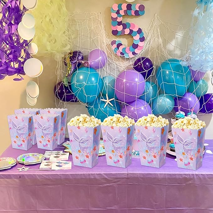 BACH AND BOUJEE 12 PCS Mermaid Popcorn Boxes Under the Sea Party Favor Goodie Boxes Candy Bags for Girls Princess Mermaid Birthday Party Supplies Baby Shower Wedding Decorations