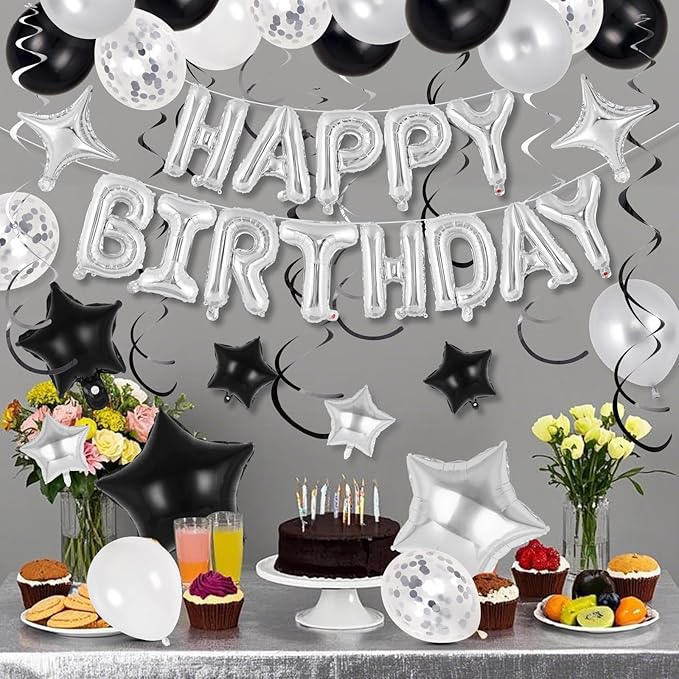 55 Pcs Happy Birthday Balloons Letters Banner with 35 Pcs Star Foil Balloon, 20 Pcs Latex Balloons, 6 Hanging Swirls for Women Men Boys Girls Birthday Party Decorations Set ﻿ (Silver)