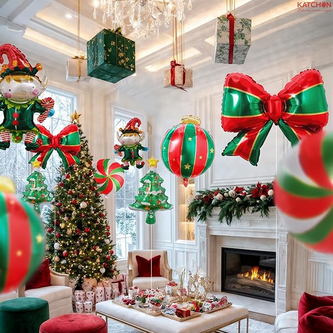 KatchOn, 25 Inch Large Christmas Balloons Decorations Set - Pack of 10 | Green and Red Christmas Decorations Indoor | Xmas Tree Bow Balloons and Elf Balloon for Winter Decoration | Holiday Decor