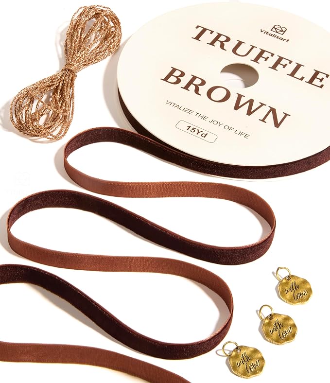 Vitalizart Brown Velvet Ribbon Set 3/8" Continuous Fabric Trim Thin Ribbon 15Yd for Gift Wrapping, Tree Ornaments, Vintage Christmas Paper, Crafts, Bows, Holiday Decor with Gift Twine