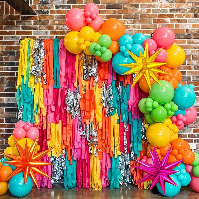 Summer Tropical Balloon Arch Garland Kit, 4D Star Foil Balloons Hot Pink Lime Green Orange Teal Yellow Rainbow Ballon for Hawaiian Luau Aloha Birthday Shower Pool Party Decorations