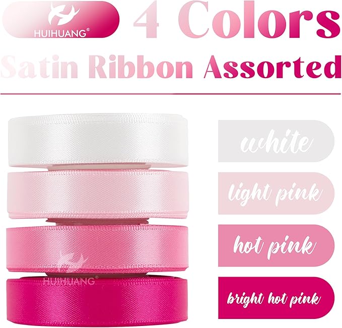 HUIHUANG Pink Satin Ribbon 1/2 inch x 4 Rolls White/Light Pink/Pink/Hot Pink Ribbon for Gift Wrapping DIY Crafts Hair Bows Flower Bouquets Wedding Bridal Shower Decor- Total 40 Yards