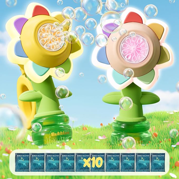 2 Pack Rechargeable Flower Bubble Guns for Kids W/LED Lights & 10 Refill Solutions, Fun Swing Dance Bubble Maker Machine Blower Blaster Toys,Outdoor Summer Play, Easter, Birthday Party Favors & Gifts