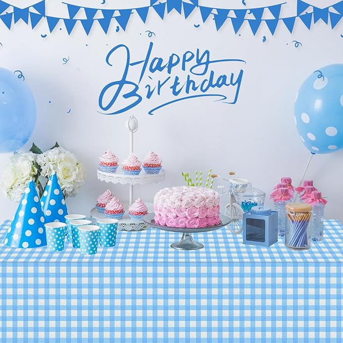 12Pack Light Blue and White Plastic Checkered Tablecloth, Premium Decorative Disposable Light Blue Gingham Plaid Tablecloth for Party, Rectangle Party Table Cover for Picnic Farm Birthday, 54x108 Inch