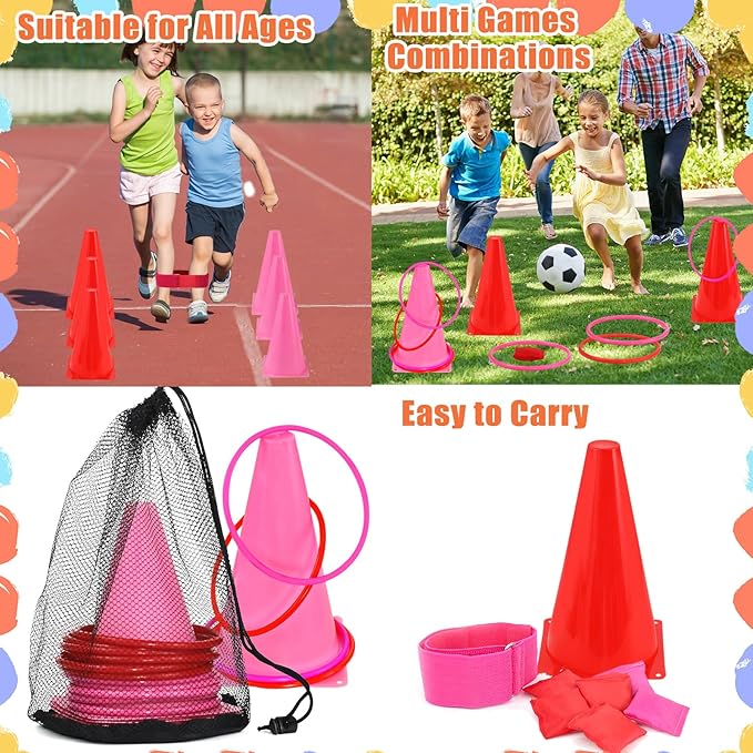 33Pcs Large 4 in 1 Valentines Day Games for Kids with Ring Toss, Plastic Cones, Bean Bags, 3-Legged Race Bands, Carnival Valentine's Games Activity Combo Set for Classroom Indoor Outdoor Party Yard